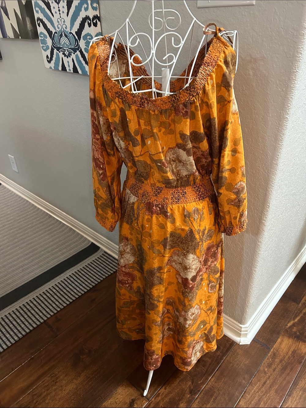 Anthropologie Mustard Floral Smocked Waist Midi Dress